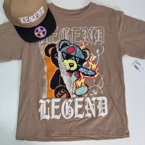 Kids Brown Graphic T-Shirt & hat Sz L 10-12 NWT